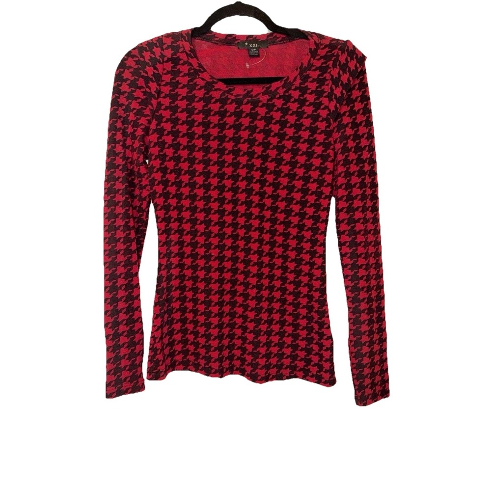 XXI Long Sleeve Top Houndstooth Small Red Black Crew Neck Stretch Casual